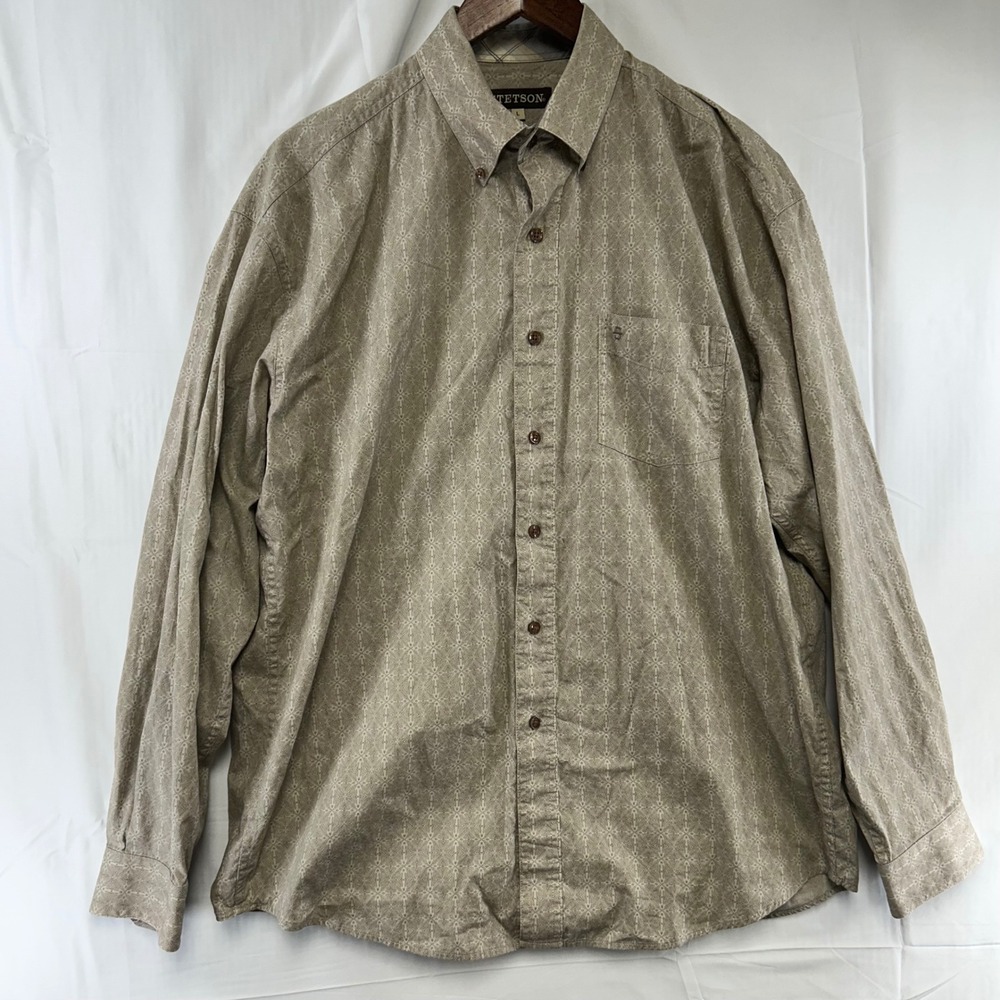 Stetson Button Down Shirt Mens L Tan Geometric Medallion Long Sleeve Cotton